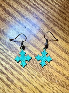 Copper Patina Cross Dangle Earrings